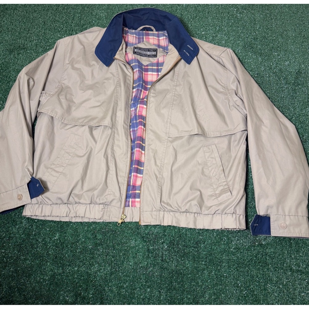 Vintage Members Only Jacket Tan Khaki Navy Collar Plaid Lined Mens Large Korea